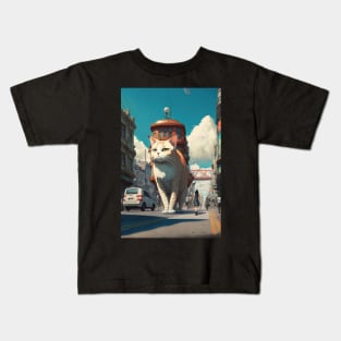 Giant cat walking on the street Kids T-Shirt